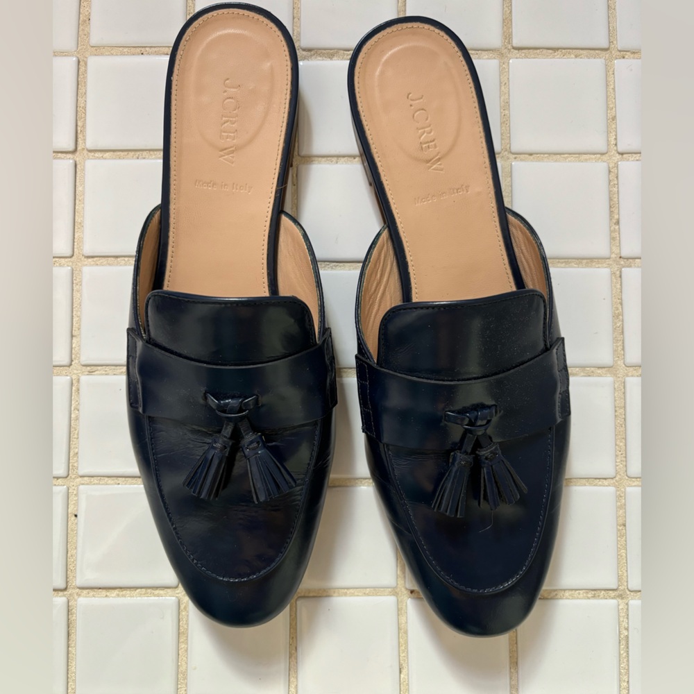 J Crew Mules Shoes Tassle Flat Slip On Womens 10 Leather Made in Italy Dark Blue
